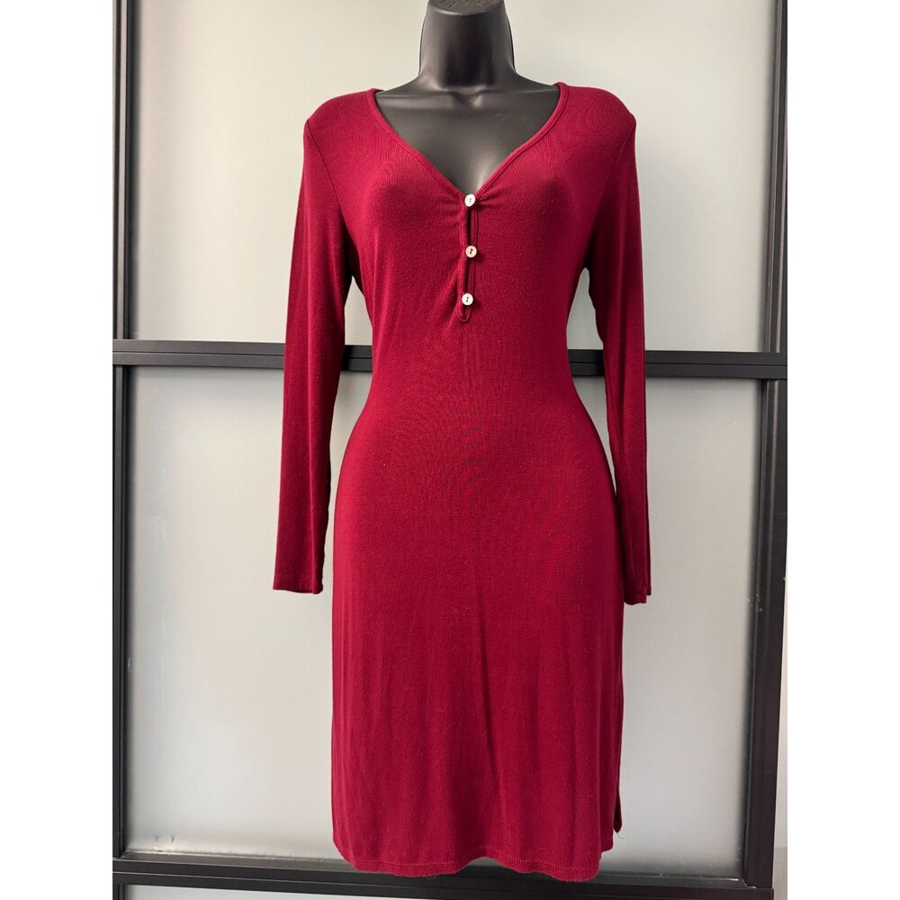Lulus Burgundy Ribbed Henley Knit Long Sleeve Mini Dress Small